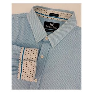 Buttercloth Shirt Mens 2XL Blue Geometric Icy Cotton Stretch Button Up